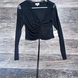 Superdown Black Cropped Blouse with Ruched Tie Front and Long Sleeves